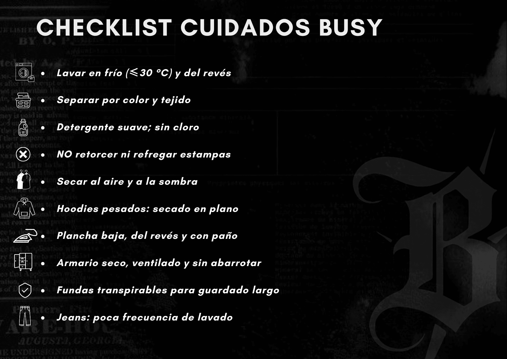 Tarjeta de cuidados que viene en cada prenda que compras en Busy