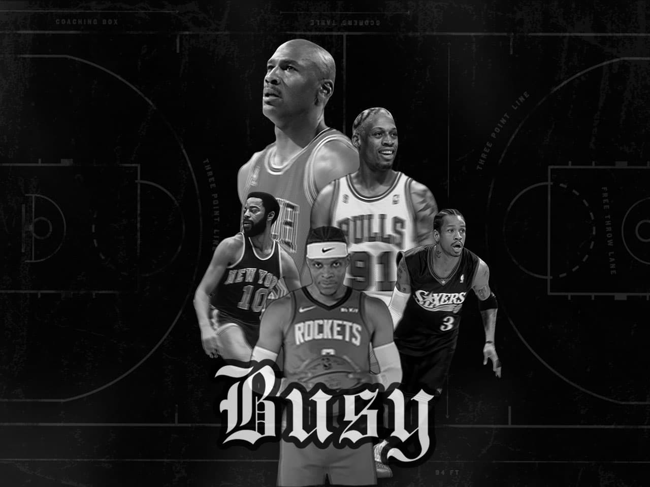 Una ilustración o collage tipo póster con los 5 personajes de la NBA mas influyentes en la moda: Frazier, Rodman, Westbrook, Jordan e Iverson, cada uno con su look icónico.